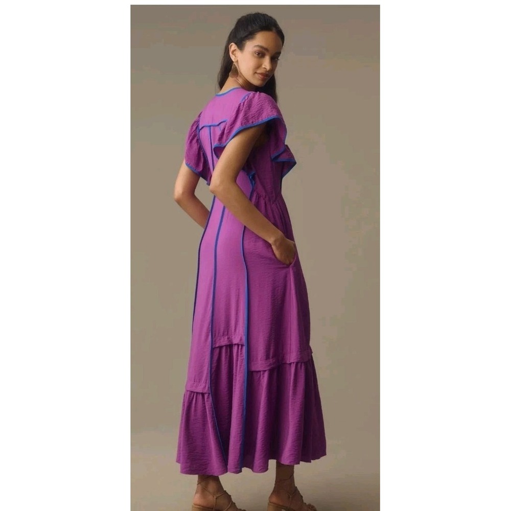 Anthropologie Mimi Flutter Sleeve Tipped Midi Dress Purple L Full Tiered Fuschia - Picture 3 of 10